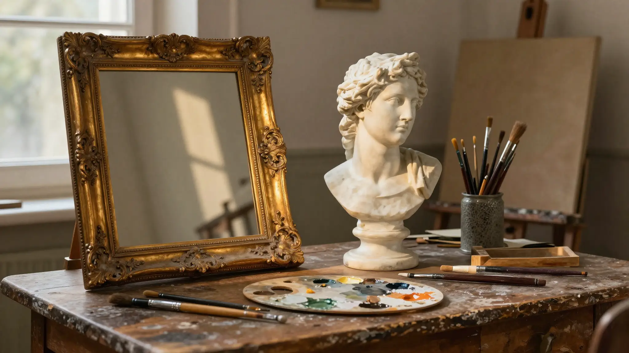مرسم فني مضاء بنور طبيعي يضم إطاراً مذهباً وتمثالاً رخامياً وأدوات الرسم واللوحة، تعبيراً عن الفن وأنواعه